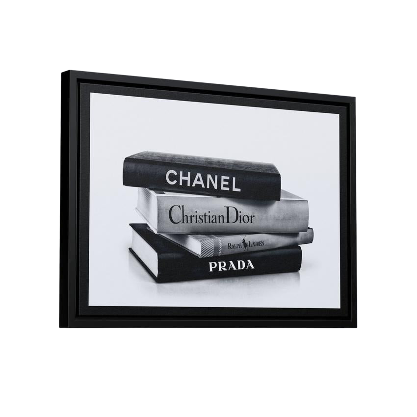 Discover Fashion Books Canvas Art, Fashion Books - Chanel, Prada Black & White Canvas Art, FASHION BOOKS by Original Greattness™ Canvas Wall Art Print