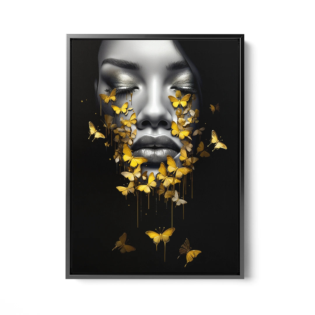 Discover Butterfly Women Face Wall Art, Abstract Butterfly Girl Women Face Black Gold Wall Art, Abstract Butterfly Girl by Original Greattness™ Canvas Wall Art Print