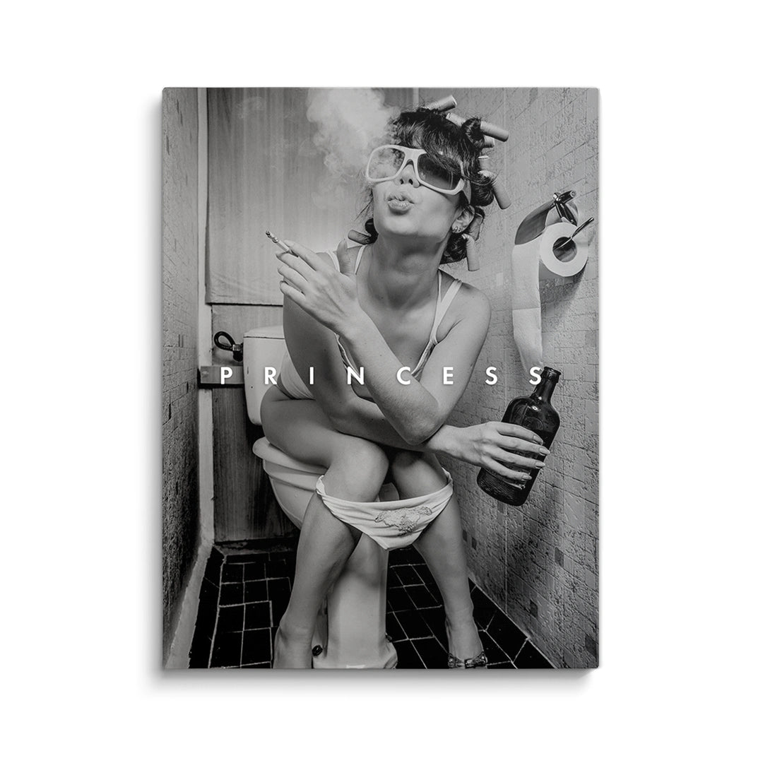 Discover Modern Canvas Wall Art, Bathroom Smoke Canvas, Black & White Woman Funny Sits Toilet Wall Art, FUNNY MODERN PRINCESS by Original Greattness™ Canvas Wall Art Print